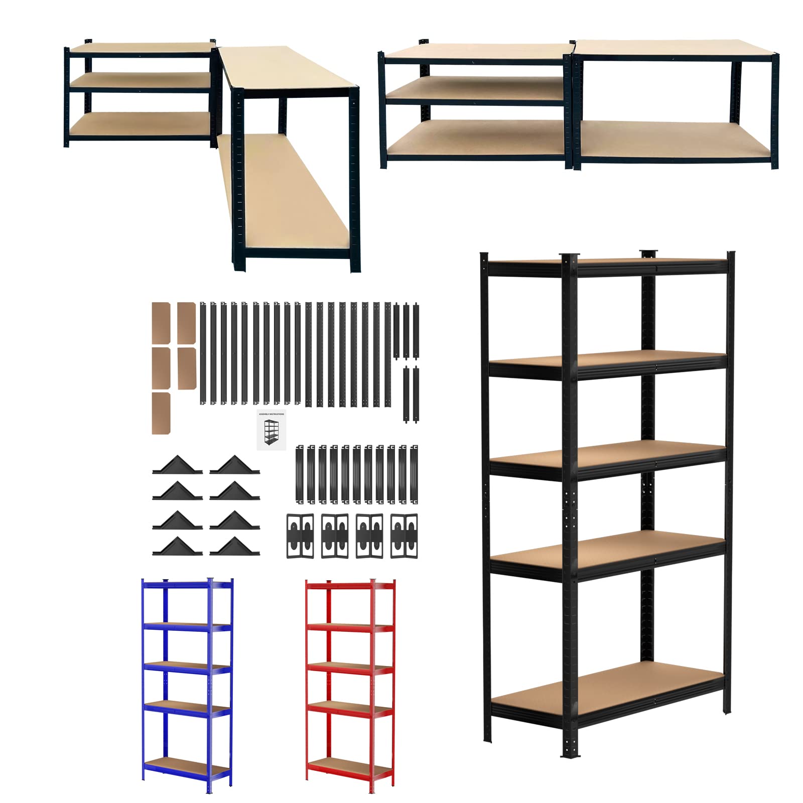 Scaffale a 5 ripiani in metallo resistente, senza bulloni, per garage, industriale, robusto, nero, per attrezzi e attrezzature, 180 x 90 x 40 cm, ideale per capannoni e officine