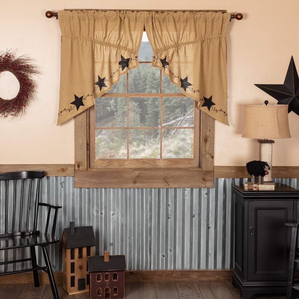 Pine Valley Quilts Star and Pip Country Primitive Burlap Prairie Swag Curtain Set of 2 36x36x18