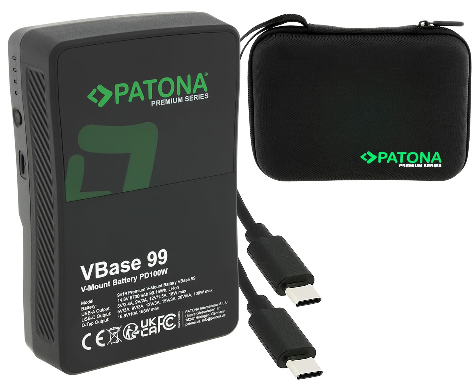 PATONA Premium VBase 99 V-Mount 99 Wh PD100W USB-C | Do RED, ARRI, Sony i Blackmagic – USB-A, D-Tap, wyświetlacz LED i twarda obudowa, do aparatu i laptopa