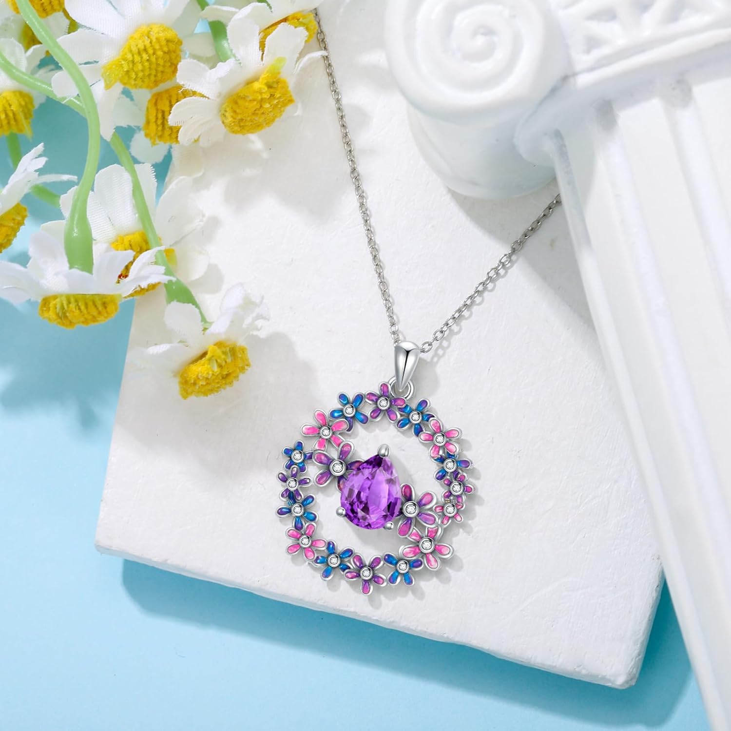 Genuine Amethyst with Colorful Flower Necklace 925 Sterling Silver 9 * 6mm Teardrop Purple Birthstone Round Pendant with 18+2 inch Chain for Women - Image 3