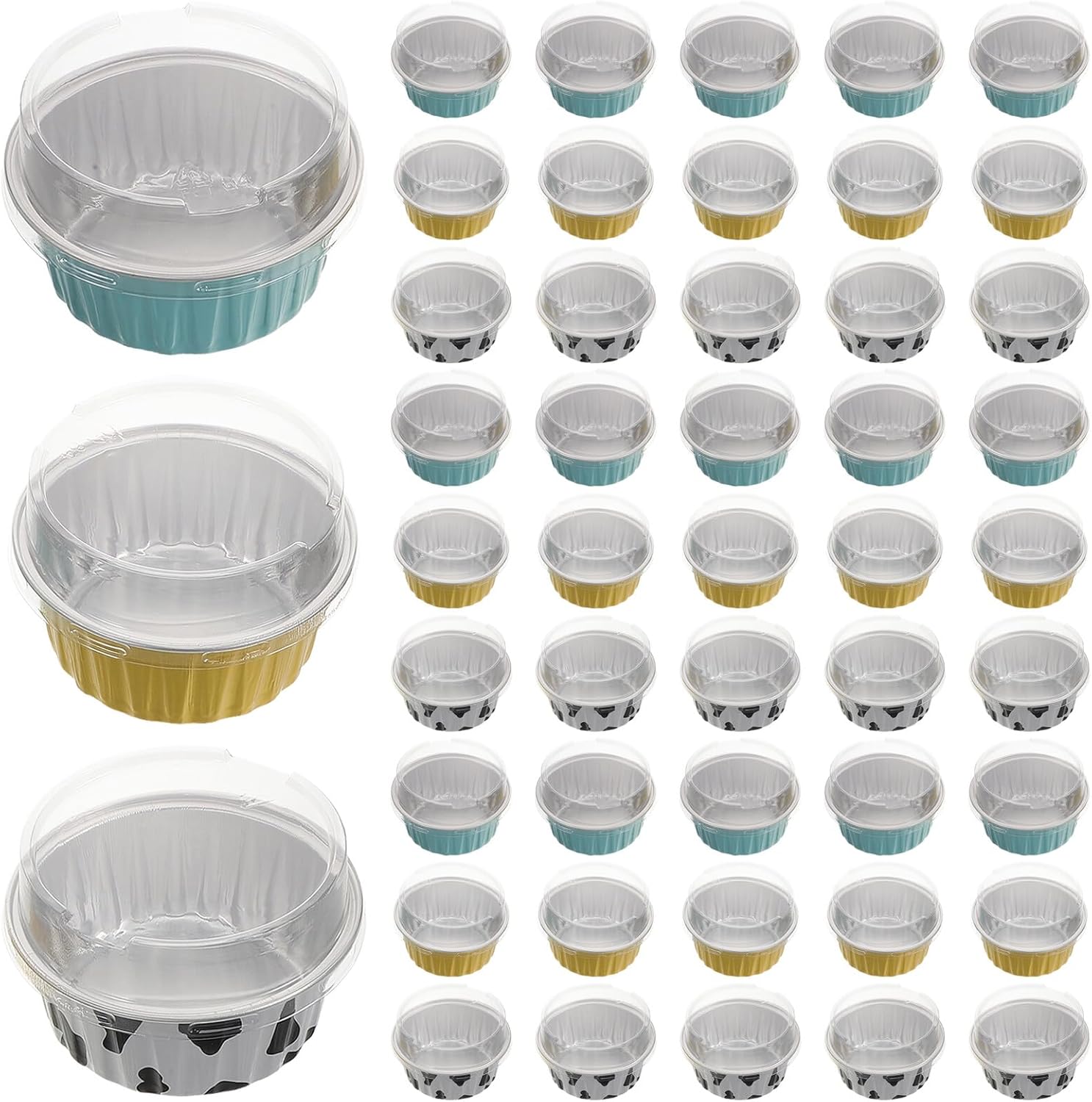 120pcs Aluminum Foil Pudding Basins and Mini Cupcake Tin Set with Plastic Lids, Disposable Egg Tart Molds for Air Fryer Oven Baking, Gold Blue and Cow Print Colors, Party Dessert