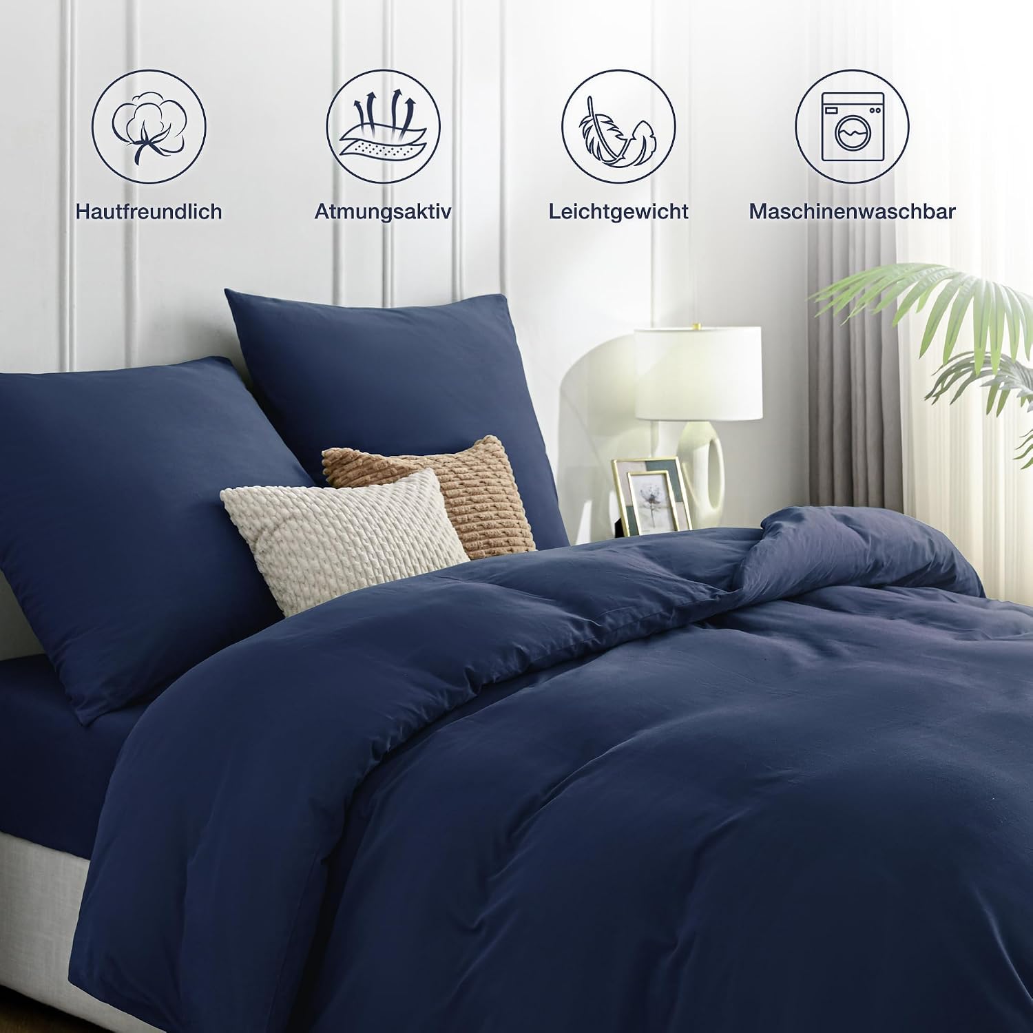 JELLYMONI Bed Linen 200 x 200 cm Cotton Bed Linen Sets Navy Blue Oeko-Tex 100% Washed Cotton Duvet Cover with Zip and 2 Pillowcases 80 x 80 cm with Envelope Soft 3-Piece Navy 3 pcs 200 × 200 cm + 2 × 80 × 80 cm
