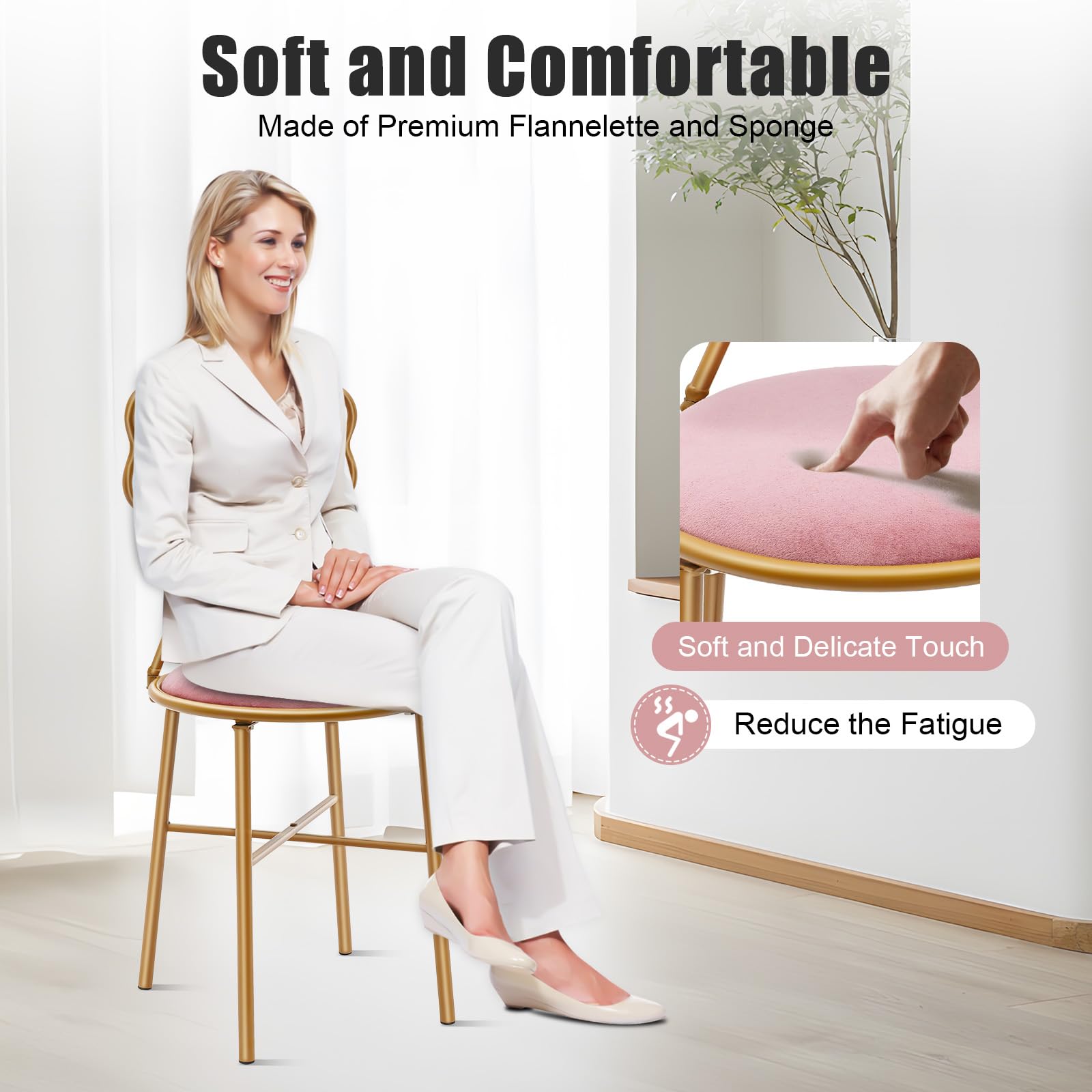 Schminkhocker Samt Rosa, Schminkstuhl mit Schleifen-Rückenlehne, Weich Gepolsterter Sitz & Stabile Metallbeine, Dekorativer Samthocker für Schminktisch, Schlafzimmer & Ankleidezimmer