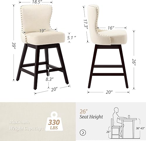 Miniatura 3 de Juego de 2 taburetes de bar de altura de mostrador, taburete de bar giratorio de 26 pulgadas de alto con respaldo, taburete de tela de lino, patas