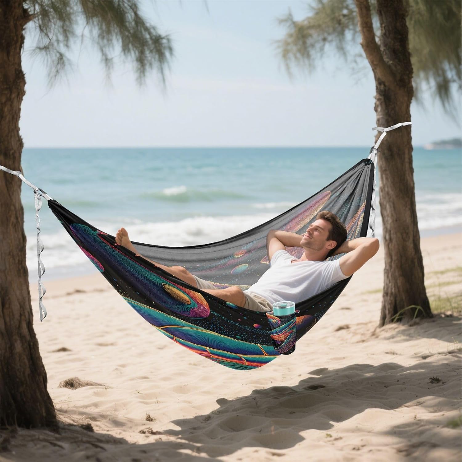 ALAZA Sea Turtle with Planets Camping Hammocks Single or 2 Person 500 lbs Portable Parachute Travel Hammock w/Tree Straps for Hiking Backpacking Indoor Outdoor