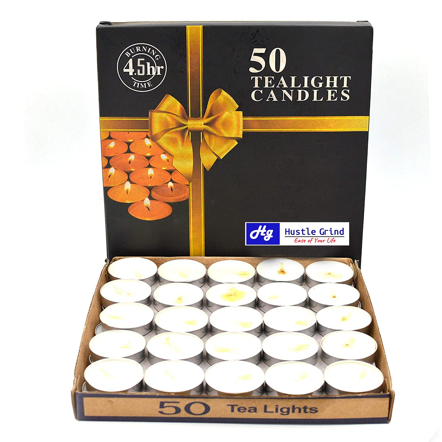 Hustle Grind Wax Tealight Smokless Candles (10 Grams, White, Set of 50, 4.5 Hours Burn Time) Made in India