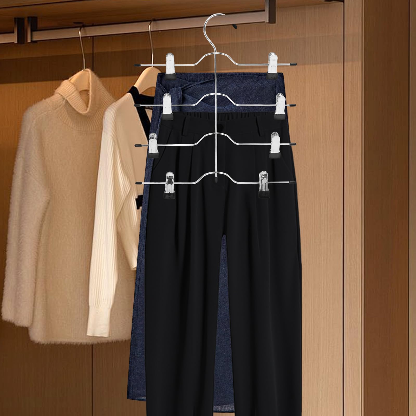 UKCOCO 4 Pezzi Grucce per Pantaloni con Clip Antiscivolo, Appendini Pantaloni a 4 Livelli, Acciaio ad Alto Manganese, Nero, per Armadio e Organizzazione Guardaroba