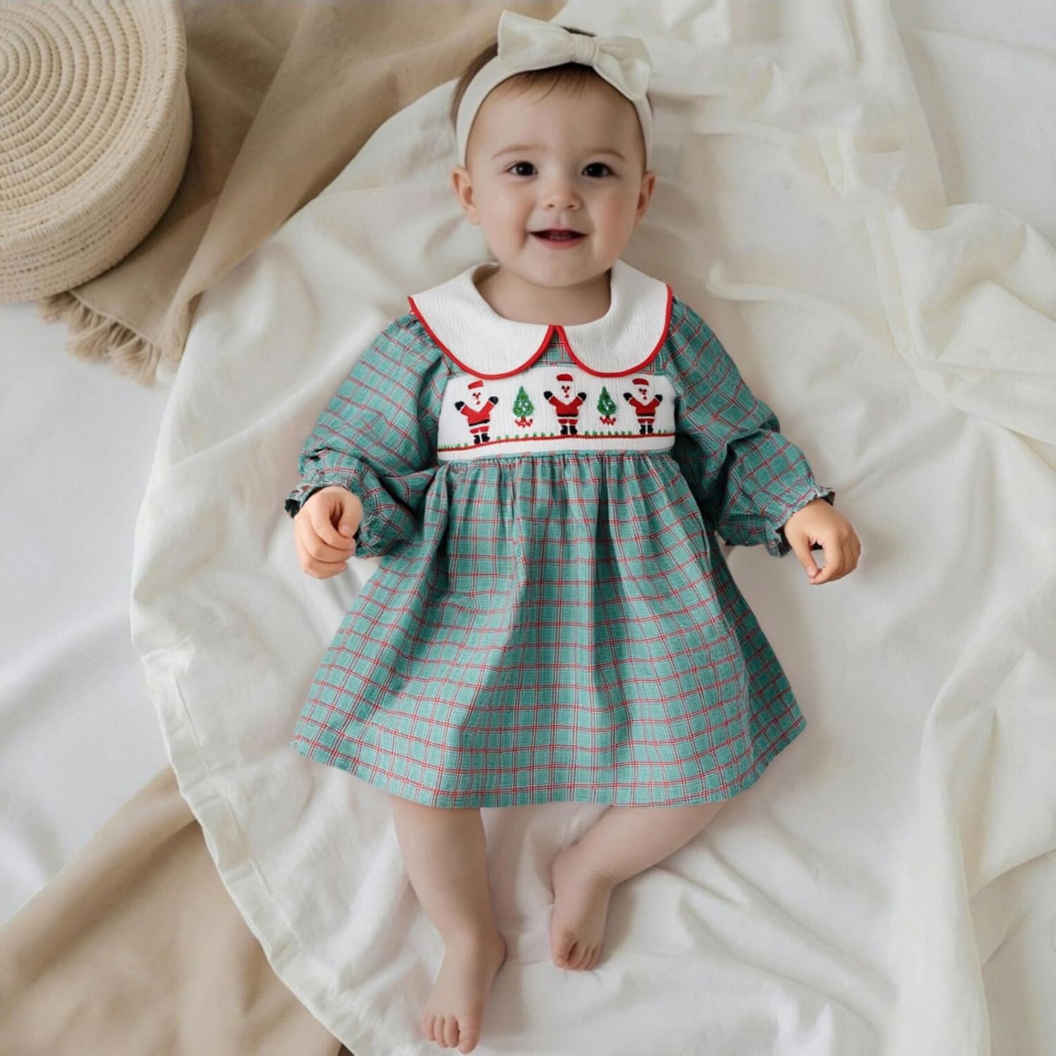 Toddler Girl Christmas Outfit Infant Baby Long Sleeve Doll Collar Tree Plaid Smocked Dress Christmas Clothes - Image 4