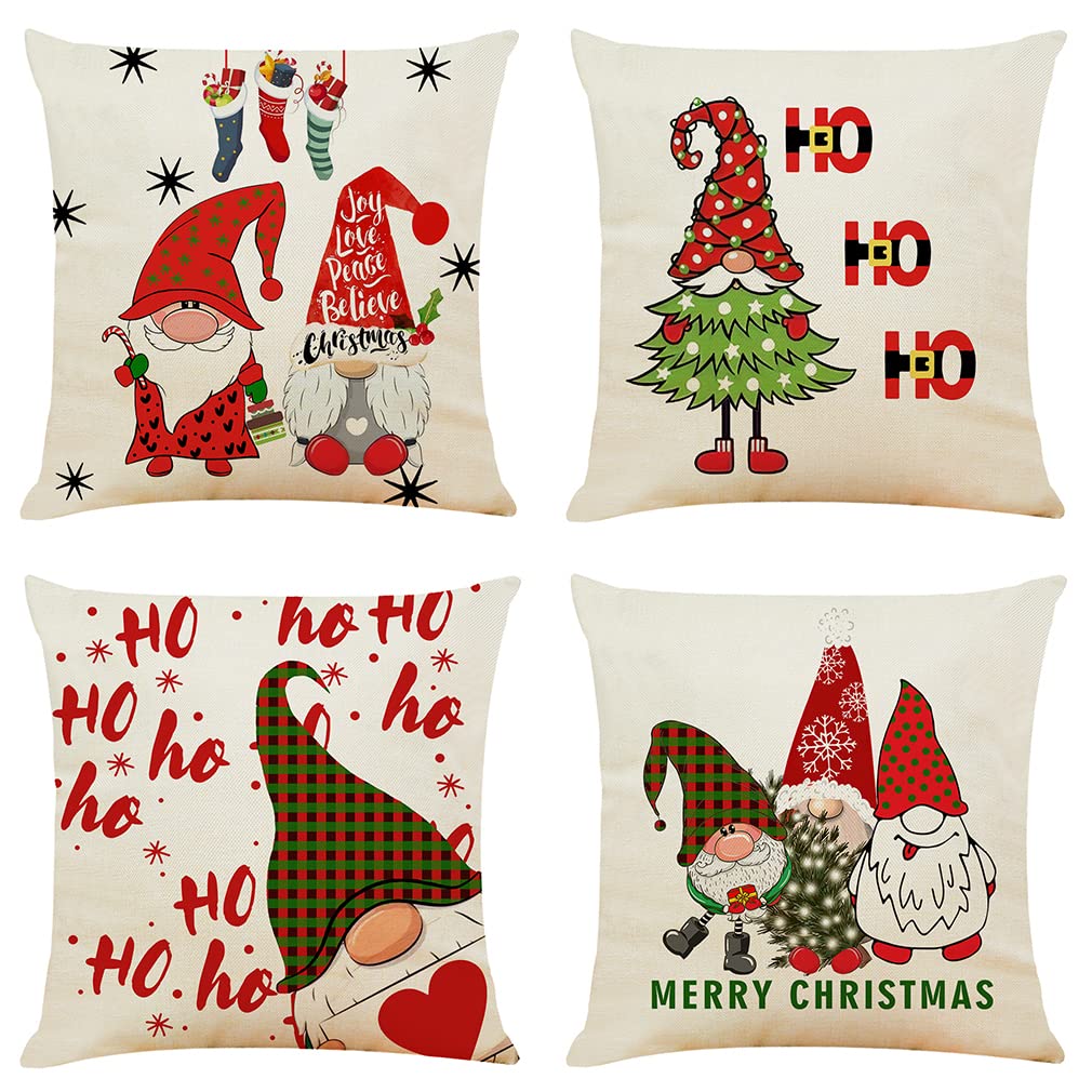 NIULAA Decorativos Lino Fundas de Cojines 45x45 Sofa Set de 4 Navidad Moderno Rojo GNOME Fundas de Almohada Decoración Fundas Cojines Cuadrados Exterior Jardin