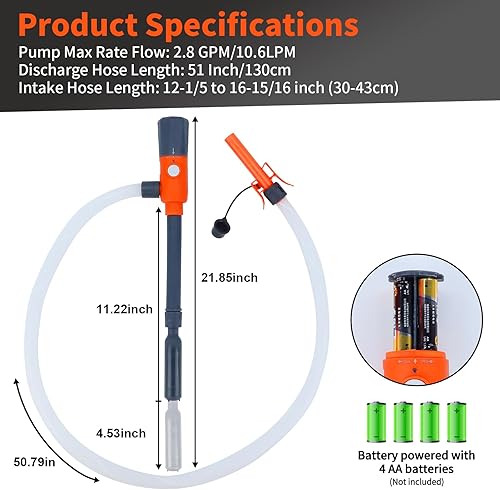 Miniatura 9 de Bomba de transferencia de combustible portátil (2.8 GPM) con boquilla manual, bomba de lata de gas con tubo de entrada extensible y manguera de