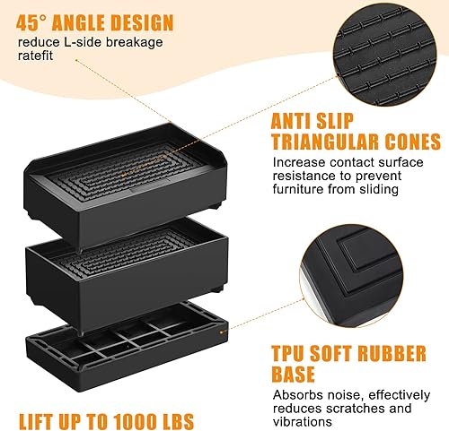 Miniatura 3 de Juego de 8 elevadores de cama rectangulares de 3 pulgadas ajustables para muebles, elevadores de cama, elevadores de cama resistentes con 32