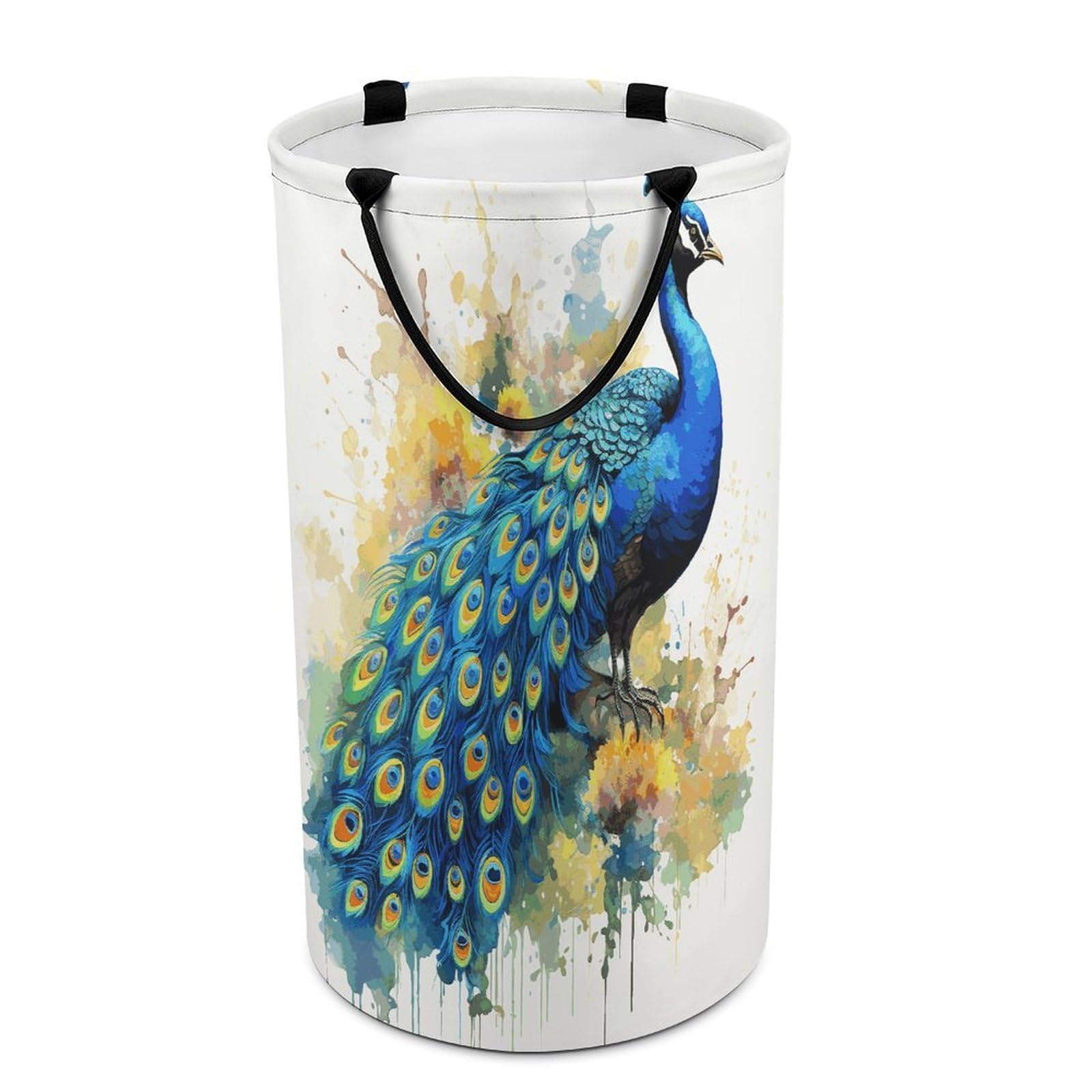 Peacock Watercolor Painting Laundry Basket Waterproof And Moisture-Proof Storage Bins Collapsible Round Laundry Hamper Perfect for Toys, Clothes And Sundries