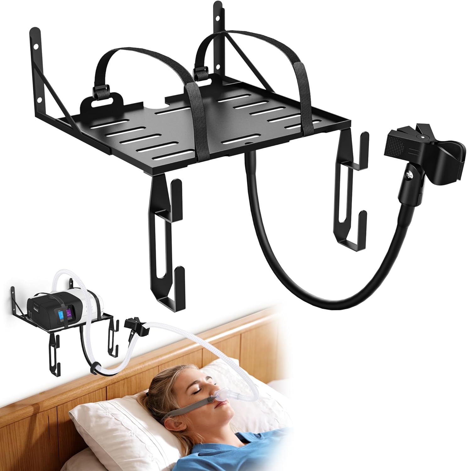CPAP Hose Holder Wall Mount, Compatible with ResMed AirSense 10 & 11 Supplies, Adjustable CPAP Hose Hanger with Clip Double-Hook for Tube & Mask, Space Saving CPAP Shelf for Bedside Organizer