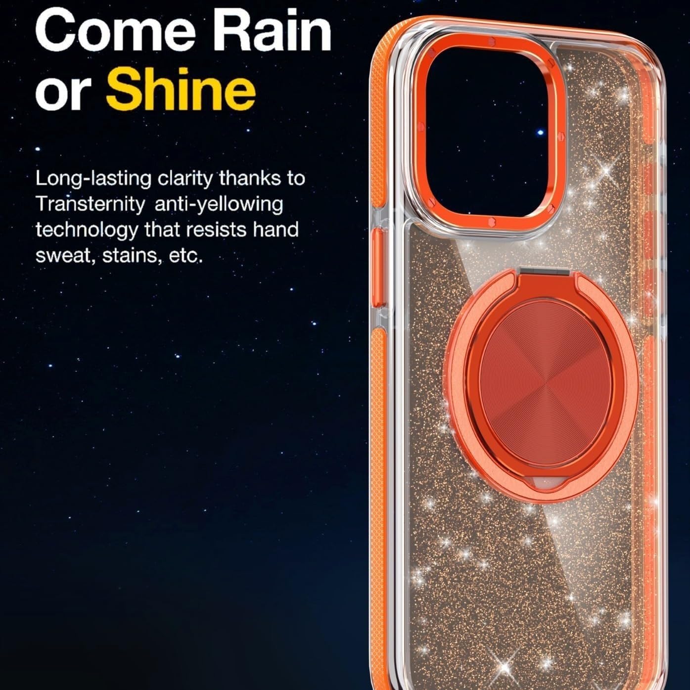 Trasparente Sottile Custodia per iPhone 16 PRO Max/16 Pro/16, Posteriore Magnetica Glitterata Cover con Supporto Rotante Custodia Protettiva for Ricarica Wireless Custodia(Orange,16)