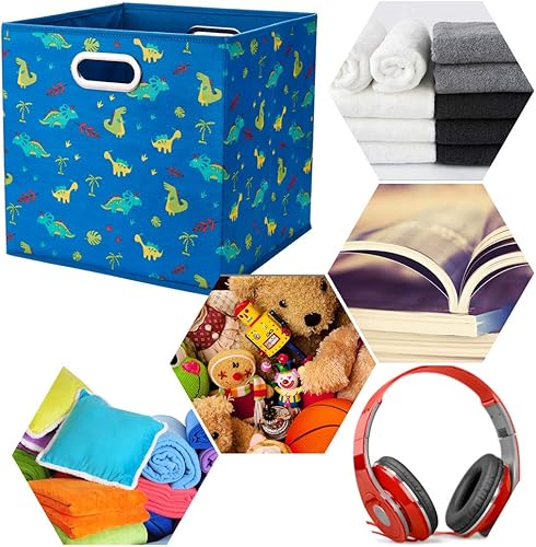 Miniatura 3 de QY-SC13-3 - Cubos de almacenamiento de 10.5 pulgadas, decoración de dinosaurios, cajas de almacenamiento de tela azul, canastas plegables para cubos