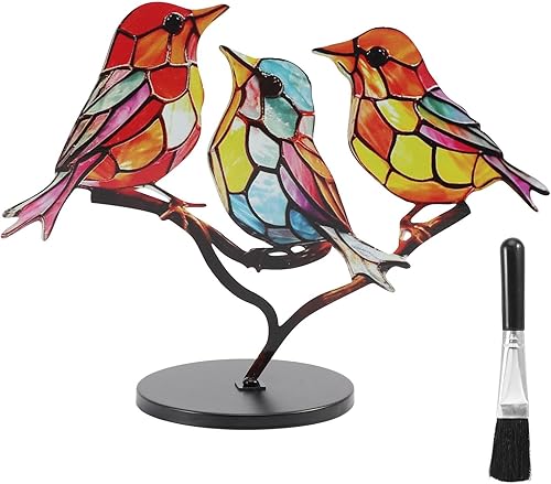 Adornos de escritorio de pájaros manchados en rama, estatua multicolor de doble cara para manualidades de colibrí, escultura de pájaro plano de