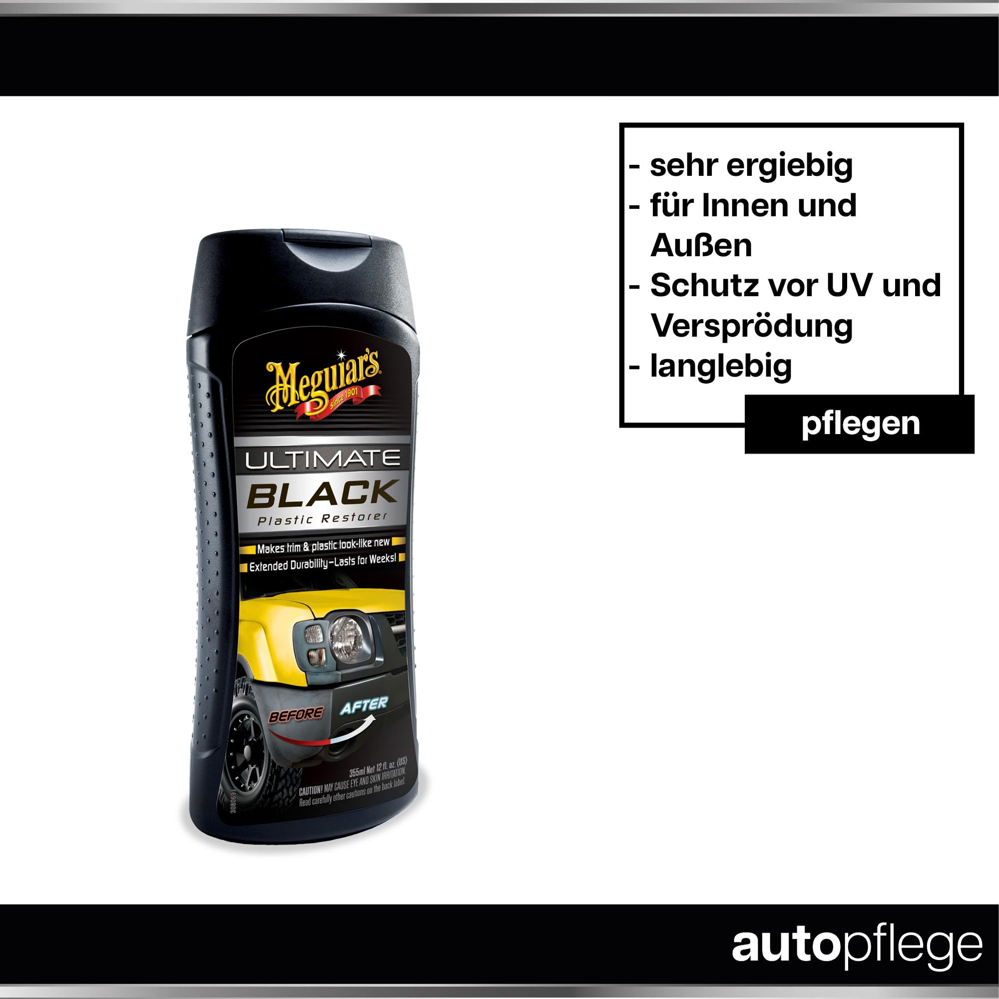 autopflege Auto Kunststoff Auffrischer Set für Innen und Außen | Meguiar's Ultimate Black Plastic Restorer + 3X Applikator Pad + Poliertuch | Kunststoffpflege für neuen Glanz mit UV-Schutz