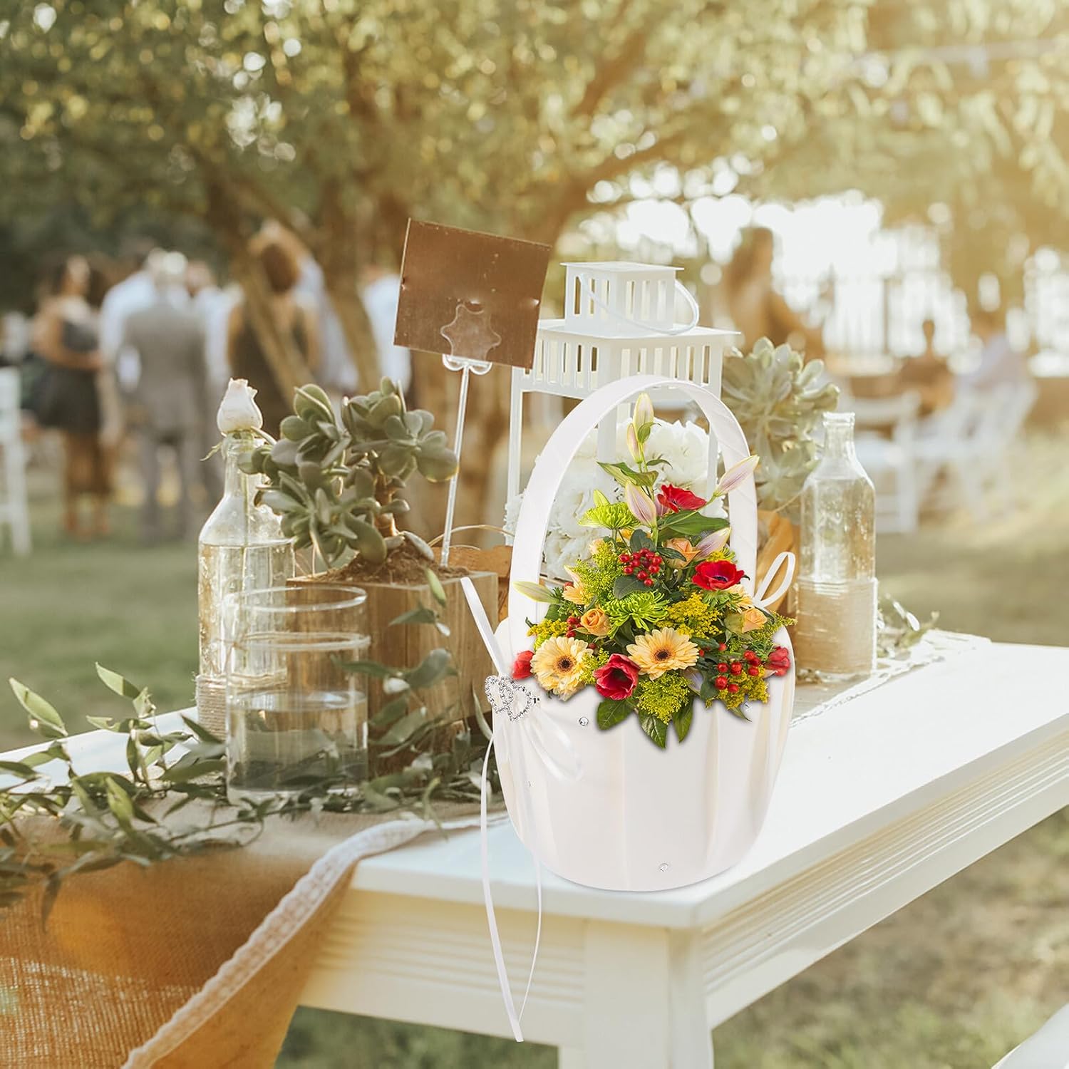 Small White Flower Girl Basket with Handle, 13×22cm Ivory Wedding Basket for Flower Girl Ceremony, European Style with Rhinestone Bow Decoration, Bridal Wedding Accessory