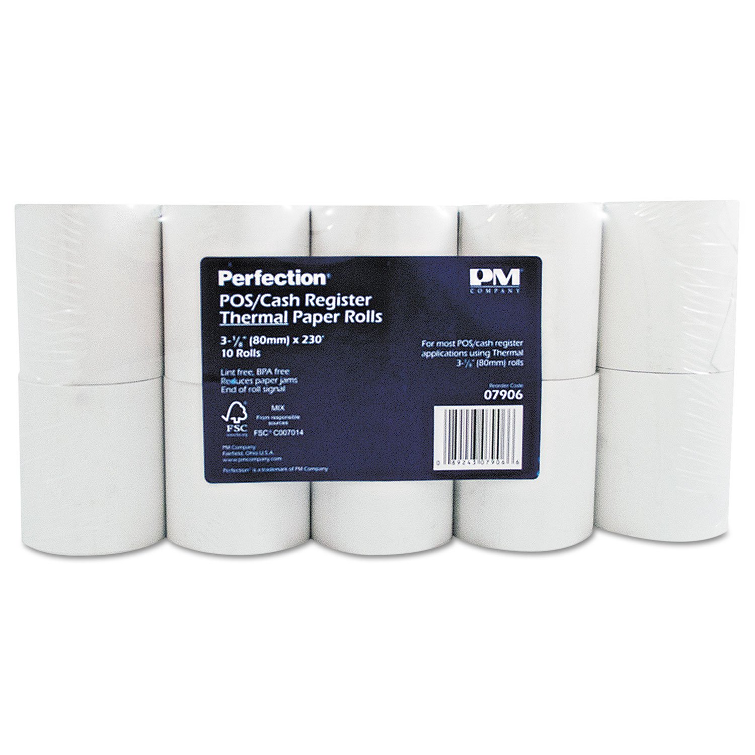 Pm Company 07906 Single-Ply Thermal Cash Register-Pos Rolls 3.13 In. X 230 Ft. White 10-Pk