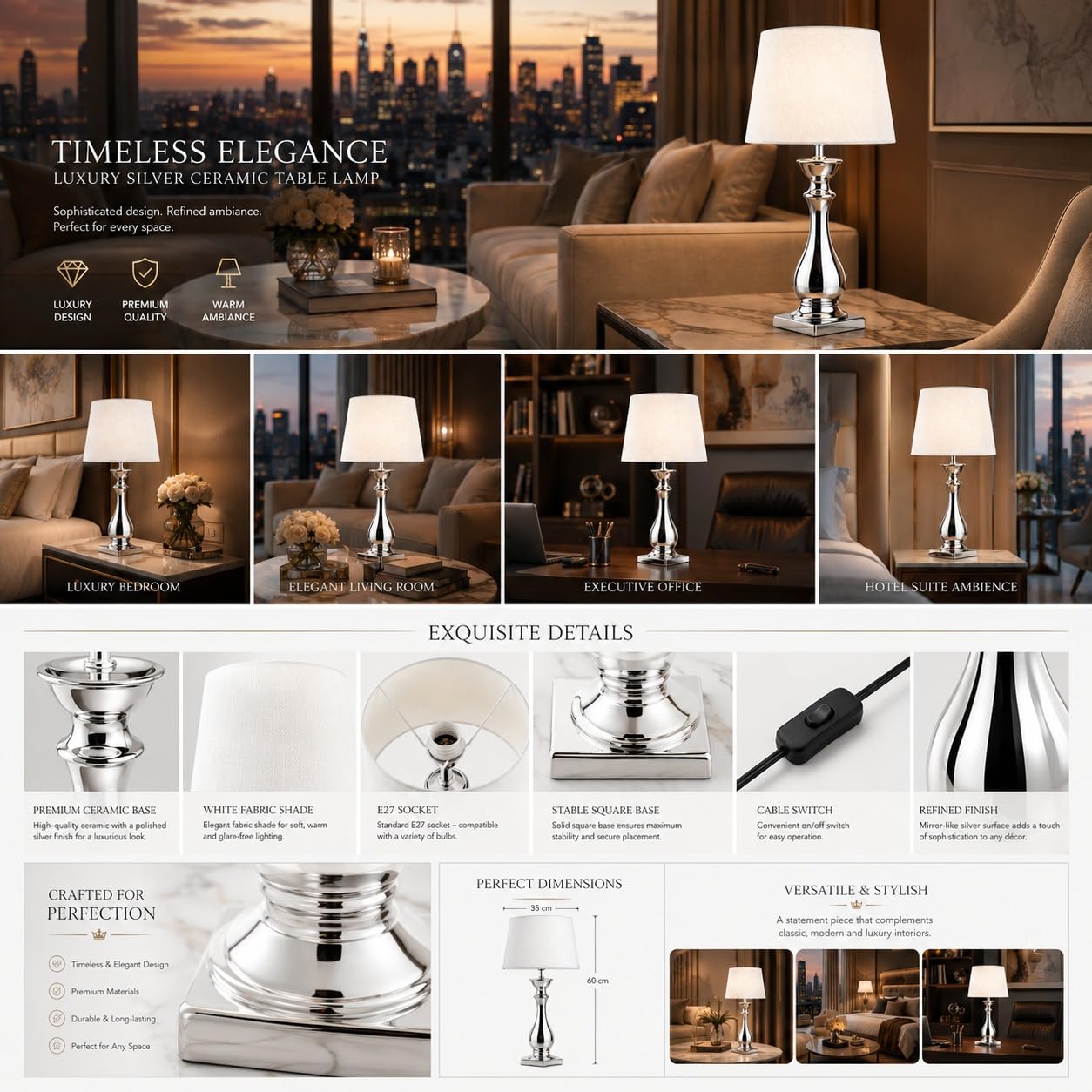 Tischlampe Silber Keramik 60 cm mit Weißem Stoffschirm – Nachttischlampe Schlafzimmer, Moderne Tischleuchte Wohnzimmer, E27 Tischleuchte mit Kabelschalter, Dekolampe, Leselampe für Büro & Flur