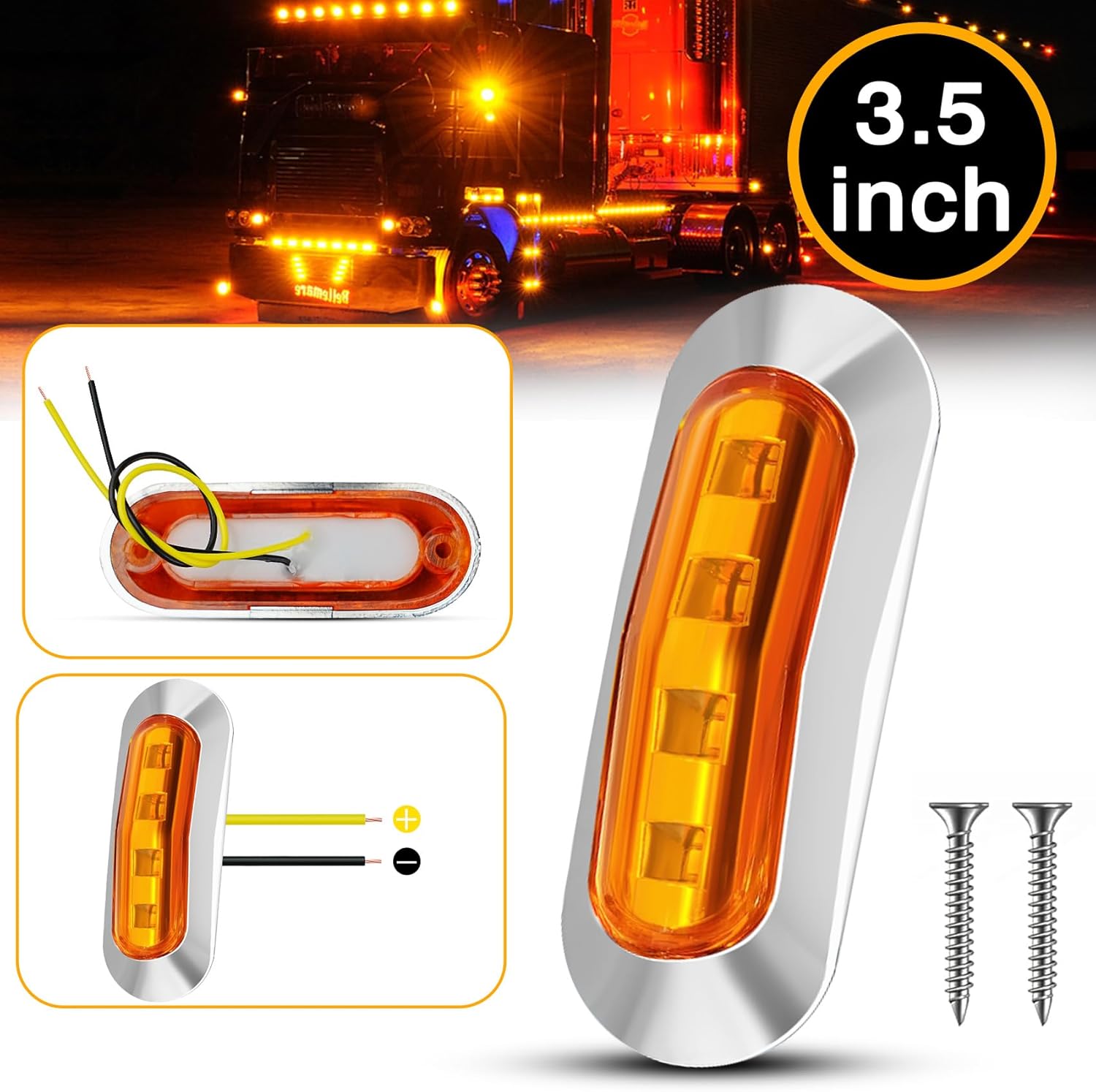 LOQOMI 20 PCS 3.5 inch LED Trailer Lights Kit with Chrome Bezel, Front Rear Side Marker Clearance Indicators Light Lamp, Amber + Red Dc12-24V Waterproof Universal Accessories (With Screws)