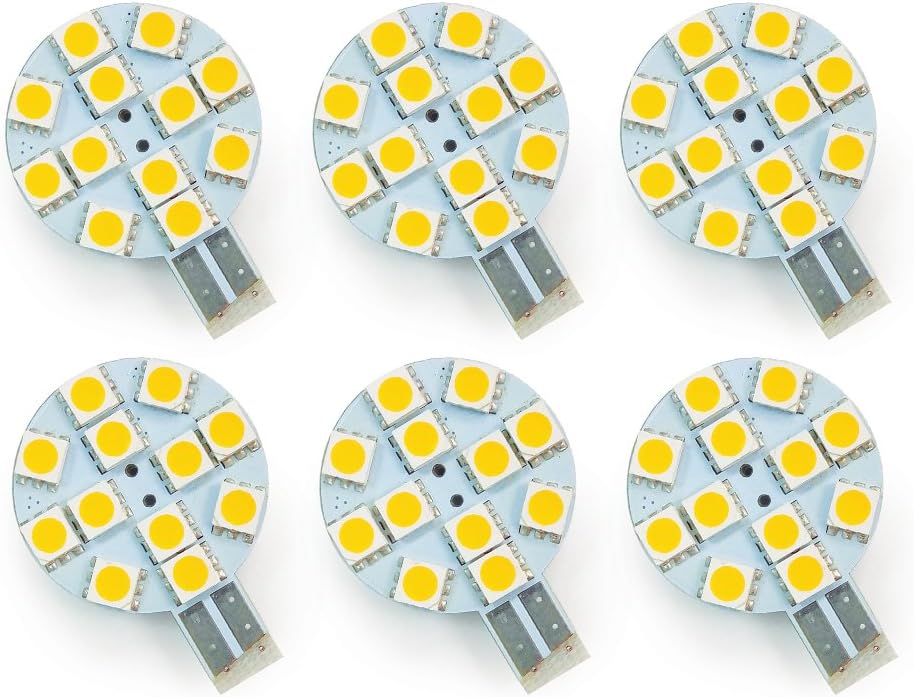Value-Pack of Six (6) Eco-LED® Warm White LED 921 Disk Bulb, with 12 SMD 5050 & Side Miniature Wedge T10 Connector(WG4-WW12M6)