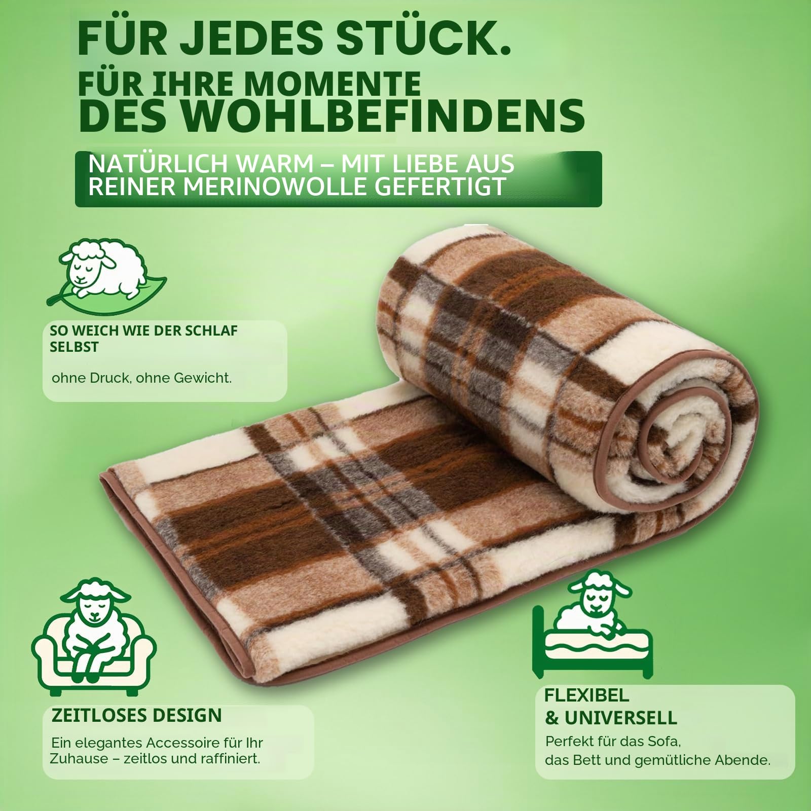Merino Wolldecke Schurwolle 160x200 cm - Kuscheldecke aus 100% Merino Schafwolle - Groß und Flauschige Decke Wolle - Gewicht 500g/m2 - Atmungsaktives Material