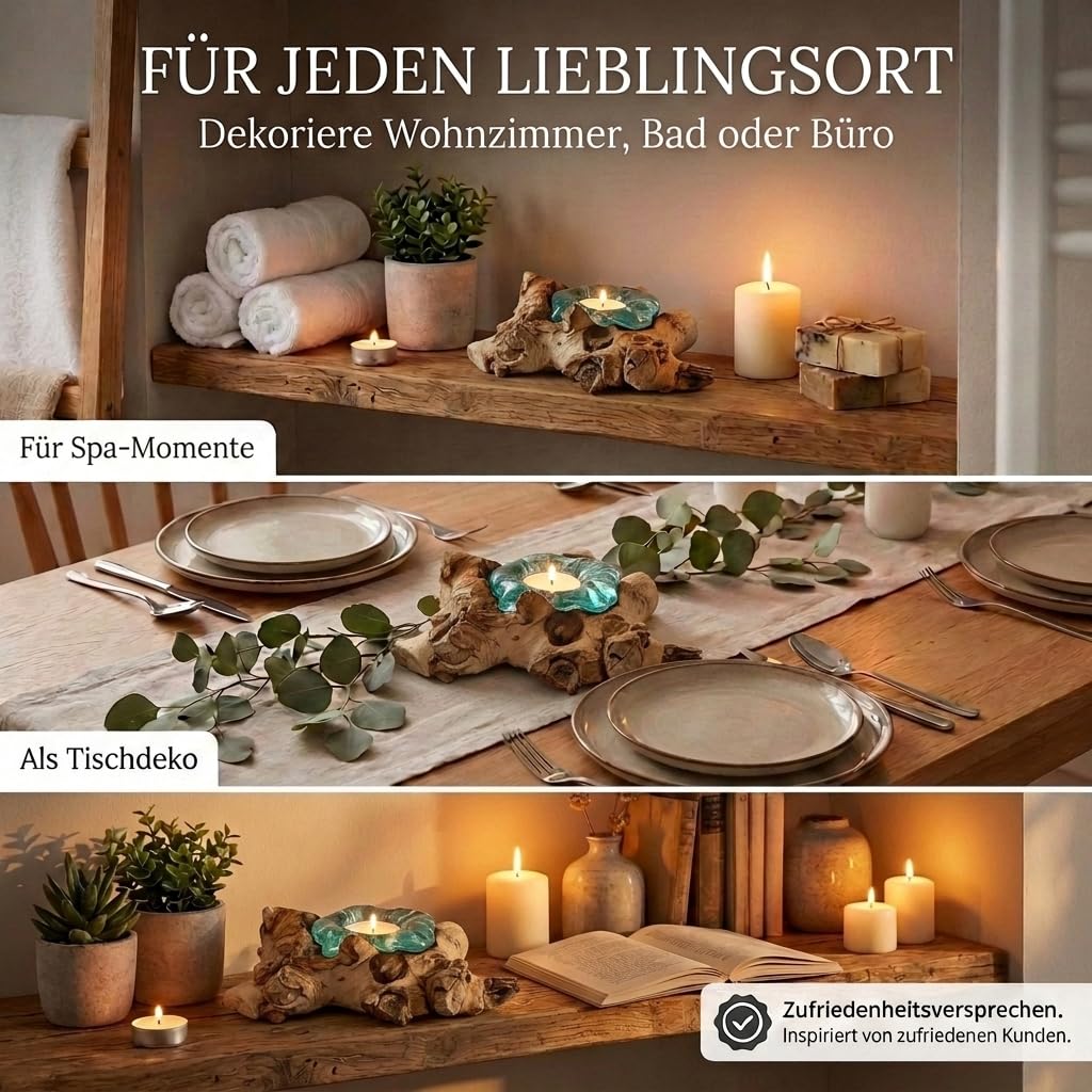 Handgefertigter Teelichthalter aus Glas auf Wurzelholz als Geschenk-Idee zur stilvollen Tisch-Deko Holz Teelicht 1