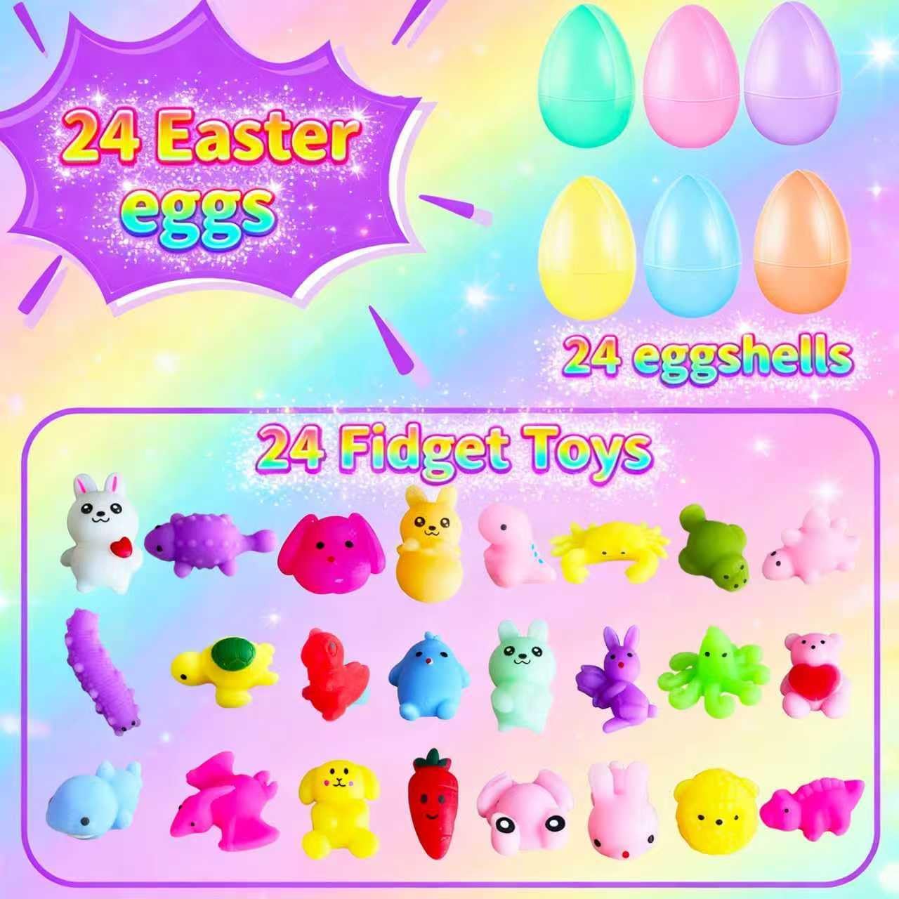 24 Pack Squishy Toys,Easter Basket Stuffers,Easter Egg with Squishy Fidget Toys,Easter Egg with Squishies Animal Toys Kids Classroom Gift Exchange Party Favors
