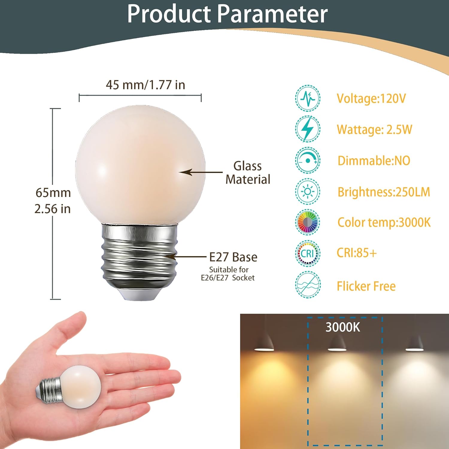 2.5W G14 LED Light Bulb,25W Equivalent E26/E27 Base 120V Vanity Light Bulbs Small Globe Night Light Bulbs for Ceiling Fan,Table Lamp, Bedside lamp,Chandelier, Appliances, Pack of 2 (3000K)