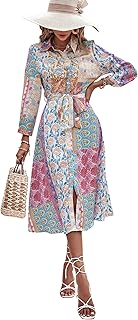 SweatyRocks Women's Boho Floral Print Button Front Shirt Dress Long Sleeve Belted Midi Dress