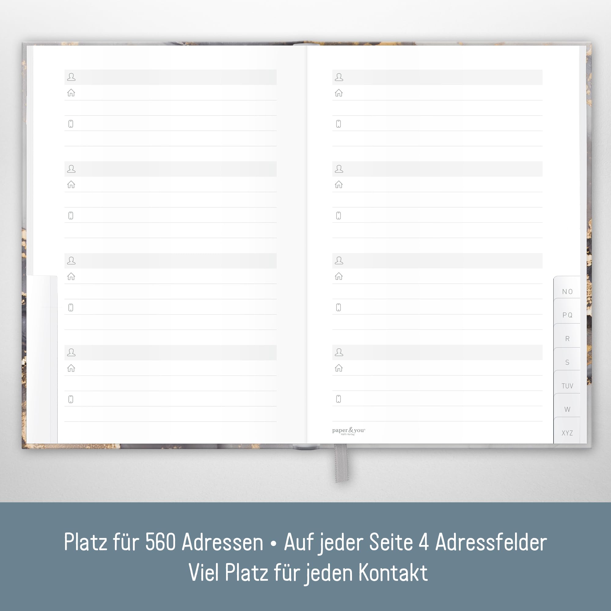Paper&You® Address Book A6+ with A-Z Index and 120 g/m² Premium-Paper "Grey Marble" for Contacts Birthdays & passwords - Image 3
