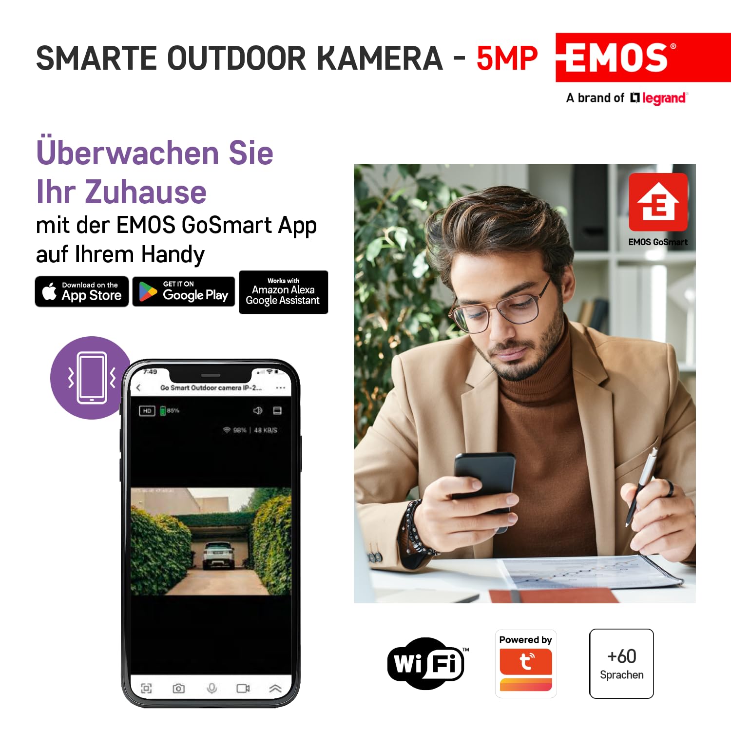 EMOS GoSmart - Smart Home Indoor/Outdoor Kamera - 5MP universale WLAN IP Kamera mit App - Bewegungserkennung, Nachtsicht, Akku - Google Assistant und Alexa Kompatibel - wasserdicht - weiß