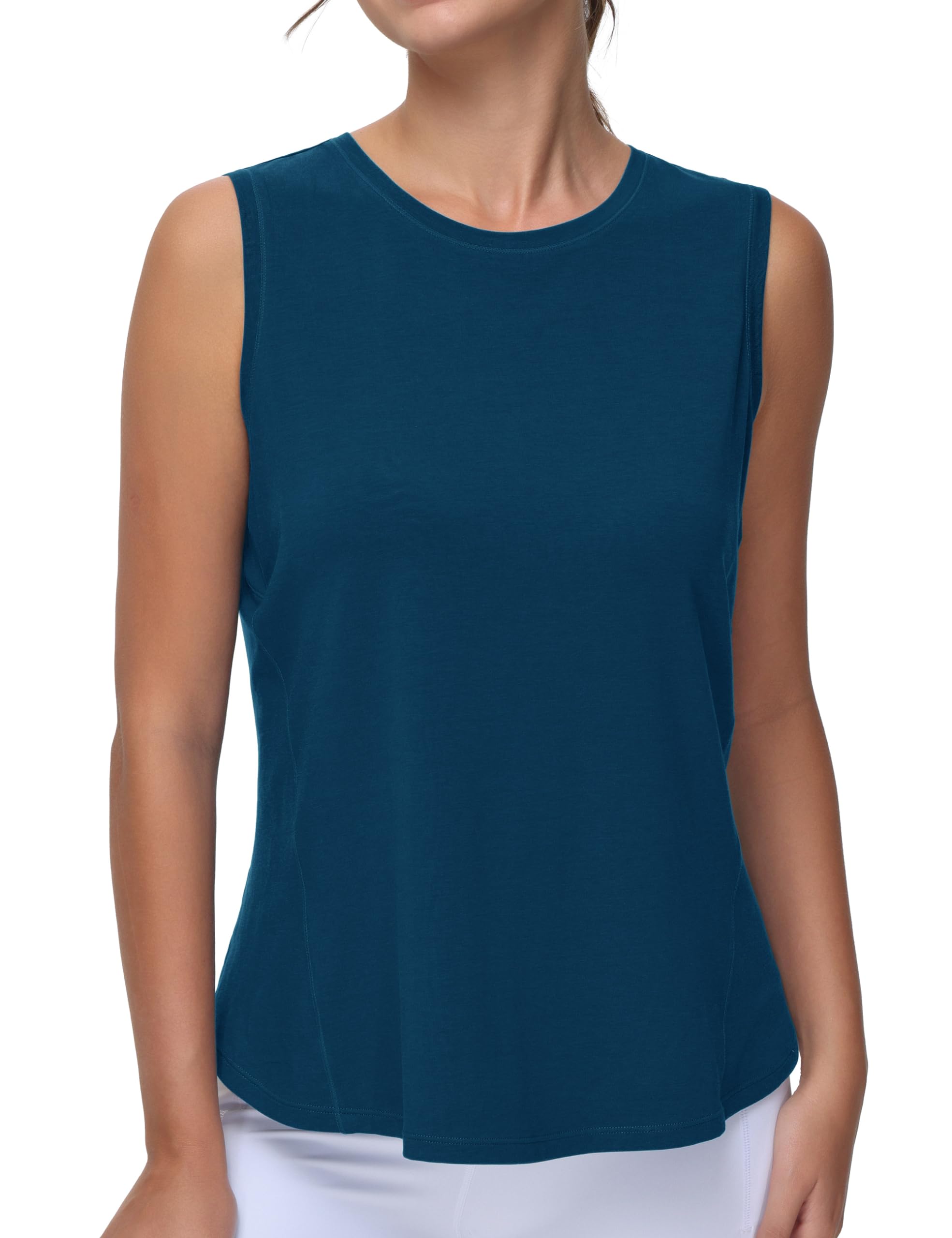 Dragon Fit Lightweight Workout Tank Tops for Women Sleeveless Yoga Shirts Side Split Loose Fit Athletic Tops with Curved Hem Dark Blue Green