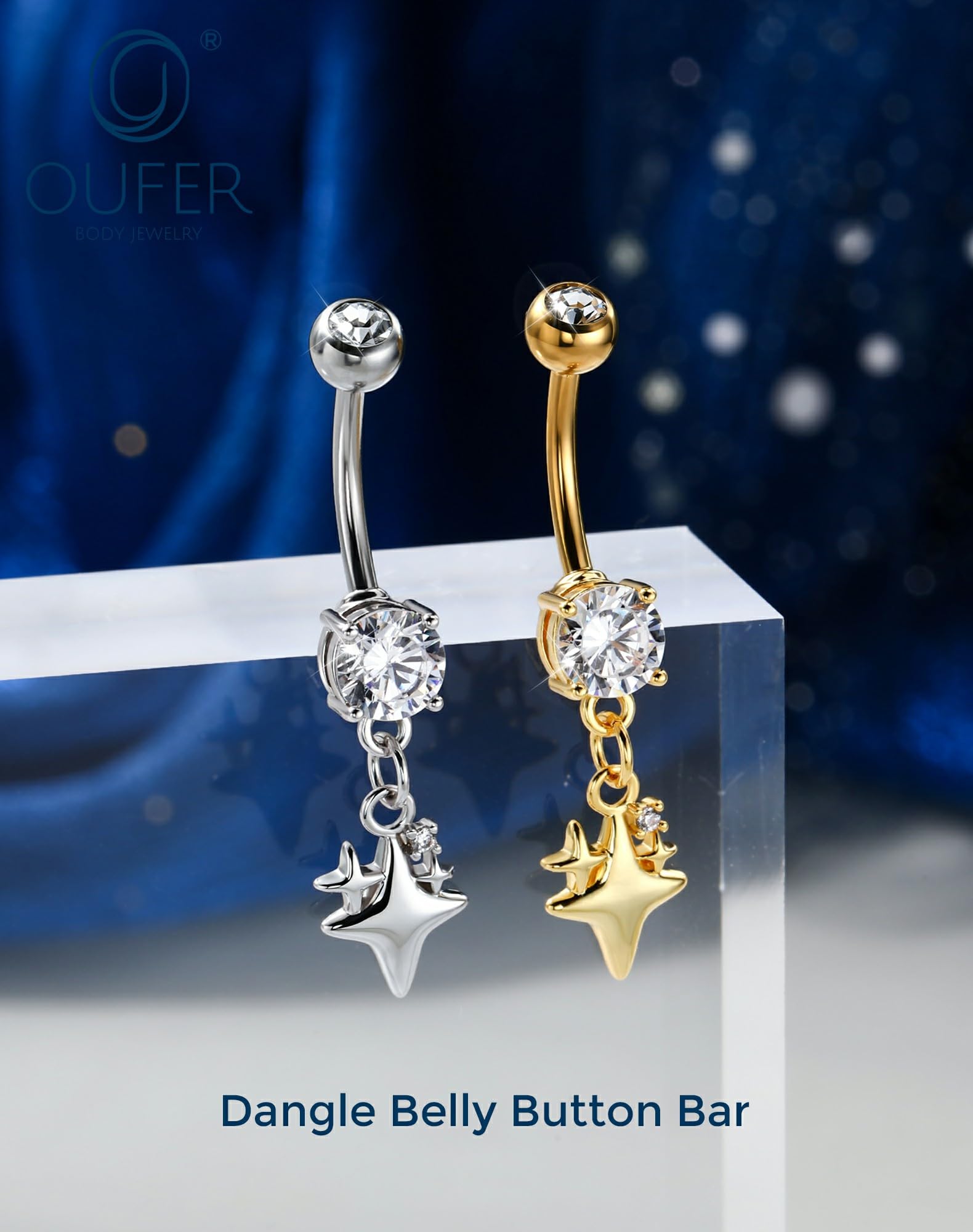 OUFER Body Piercing Belly Bar: 14G 316L Stainless Steel Navel Ring Star Dangle CZ Navel Piercing Jewellery Gold/Silver 1.6mm/10mm Belly BUtton Rings for Beach Party Women - 2