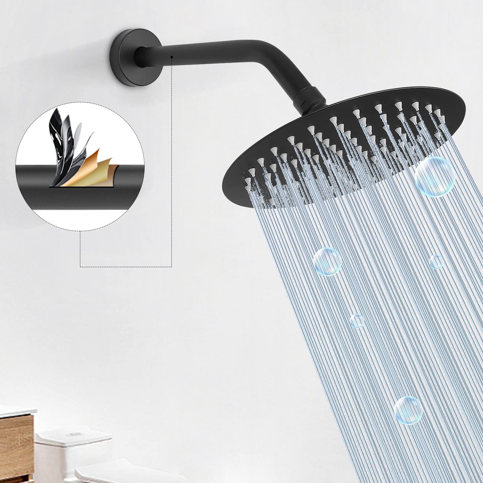 Brazo de ducha con brida y cinta de teflón, tubo de ducha montado en la pared, brazo de extensión de acero inoxidable 304 para cabezal de ducha fijo y mano (10 pulgadas, negro mate)