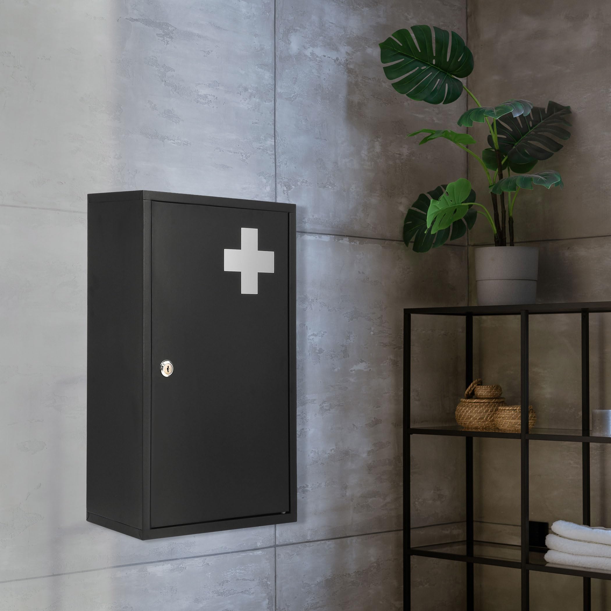 Spetebo Armoire à pharmacie en métal - 50 x 30 cm - Verrouillable - Avec 2 clés - Noir - Armoire à pharmacie avec 3 compartiments - Armoire à pharmacie à domicile