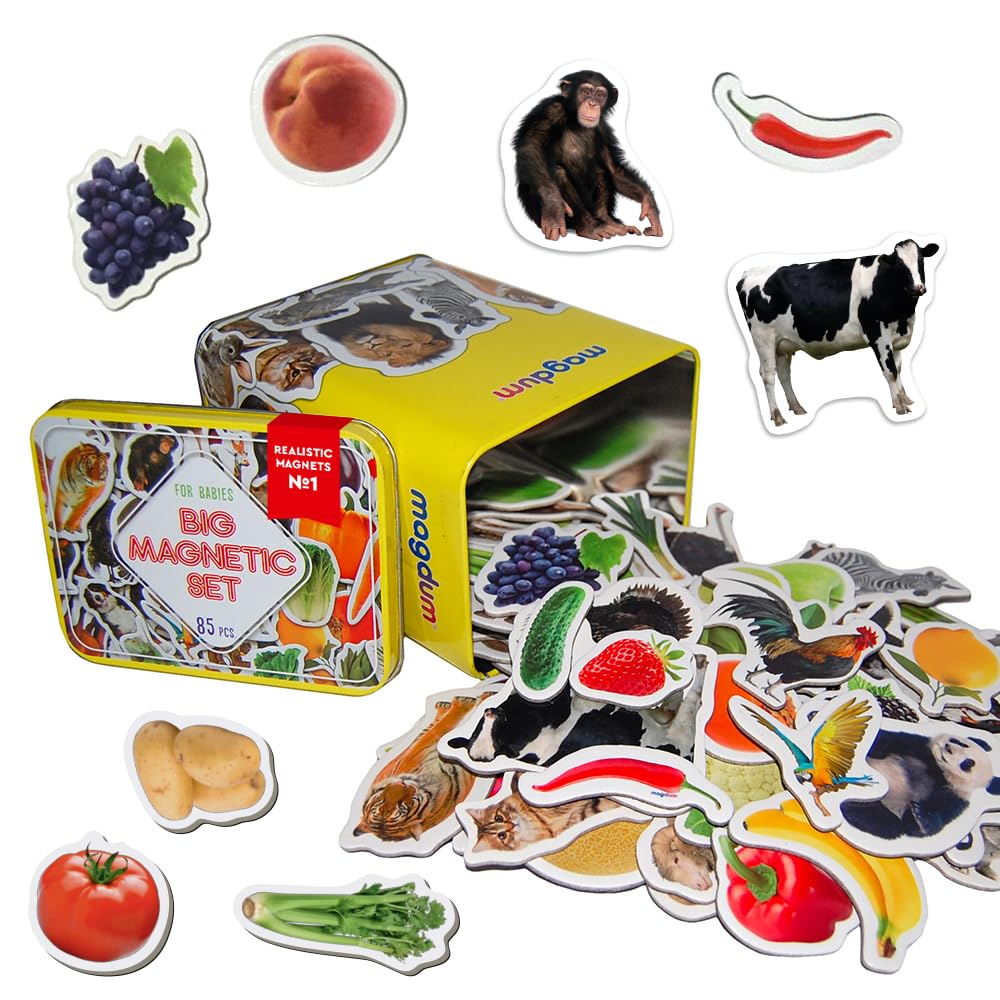 Tiermagnete für Kinder – 85 Zoo Bauernhof, Früchte, Gemüse Magnete | Realistische Magnettiere für Kühlschrank, Whiteboard in großer Blechdose – Montessori Lernspielzeug für Vorschule, Zuhause