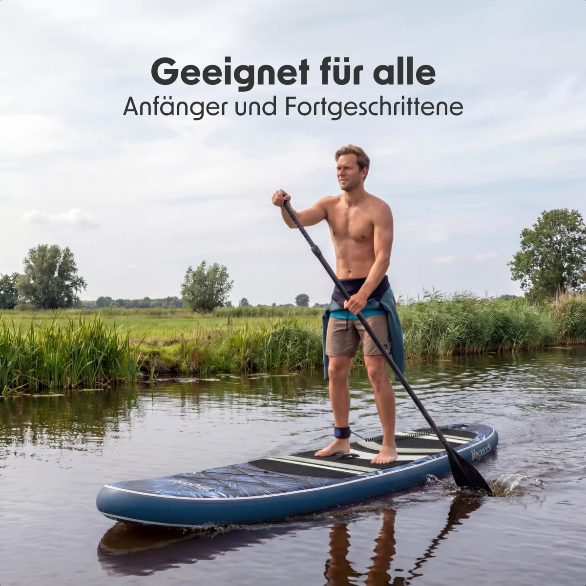 LifeGoods SUP Board Set - Aufblasbare Stand Up Paddling Board - Komplettes Set inklusive Zubehör und Verstellbares Padel - Geeignet für Anfänger und Fortgeschrittene - Bis 150KG - 320x81cm