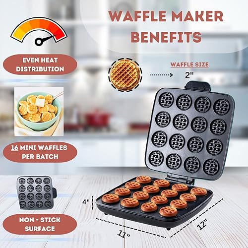 Miniatura 2 de Mini máquina para hacer gofres de 16 piezas, superficie de calentamiento rápido, simple y fácil para el hogar y restaurantes, pequeños bocados para