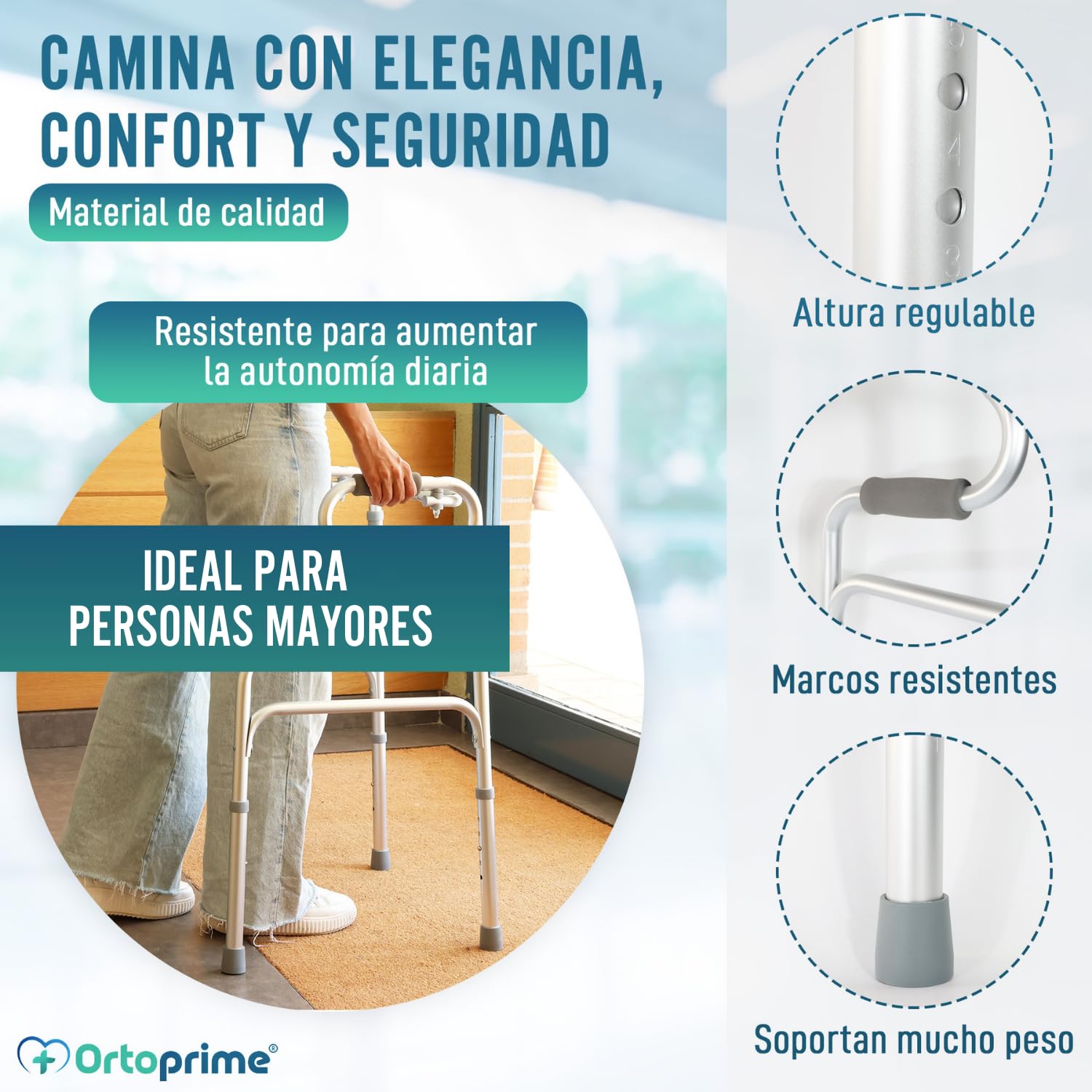 OrtoPrime Andador para Ancianos de Aluminio - Plegable, Ligero y Ortopédico - Sin Ruedas, para Adultos Mayores - Taca Taca