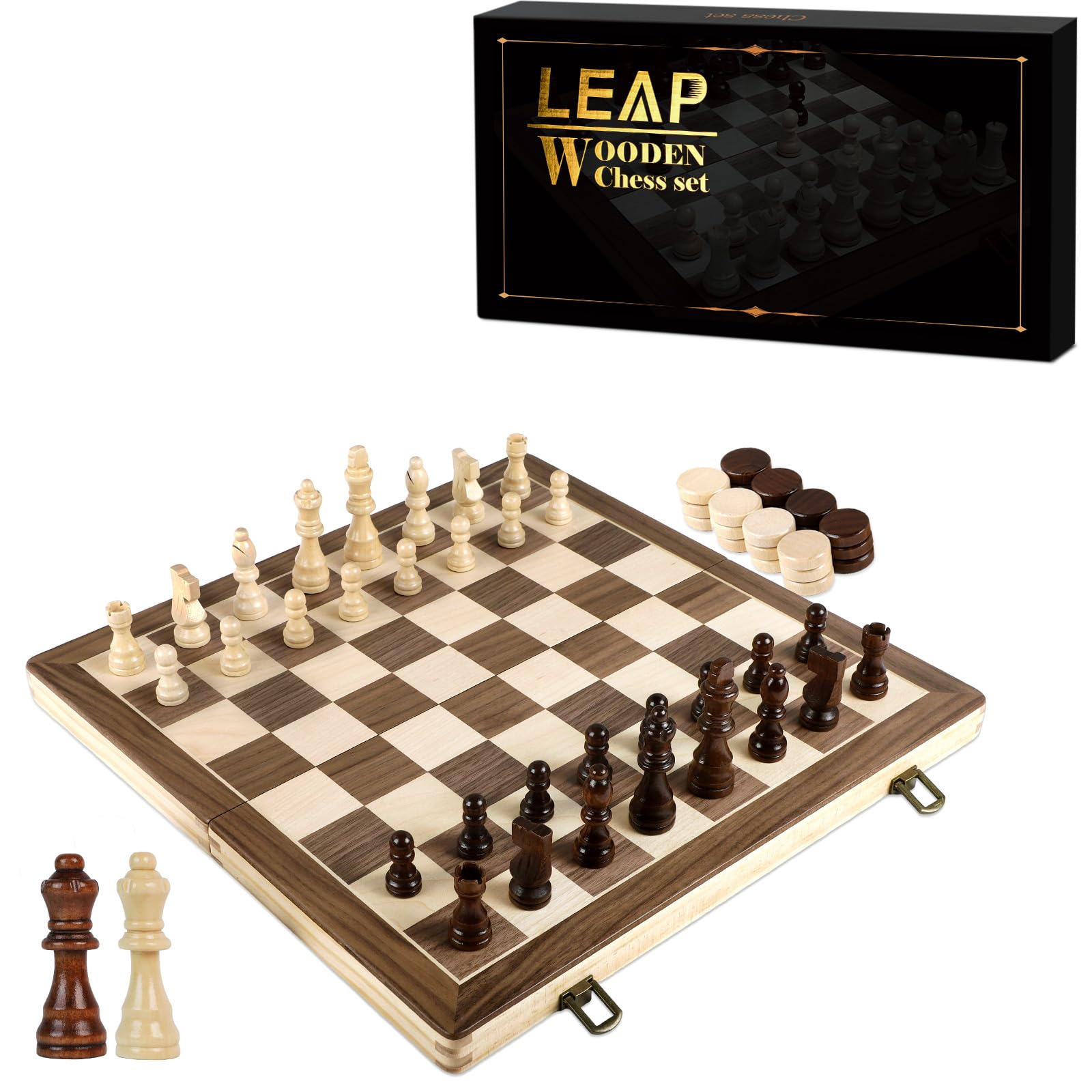 Chess Set Wooden 39cm Standard Pieces with Extra Queens Folding Board, Handmade Portable Travel Chess Board Game 2 in 1 Sets with Game Pieces Storage Slots for Beginner or Adult