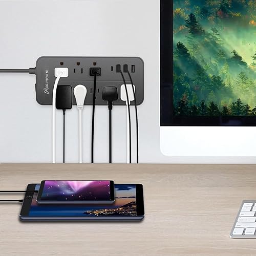Miniatura 5 de Cable de extensión con protector de sobretensiones de 20 pies con USB C negro, regleta de alimentación de enchufe plano Asamoom con cable largo, 8