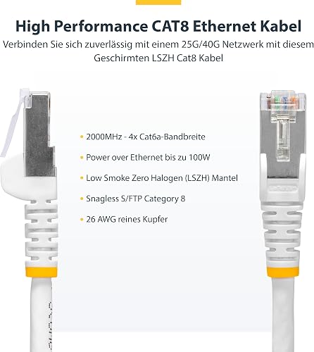 StarTech.com 15m White CAT8 Ethernet Cable, Snagless RJ45, 25G/40G, 2000MHz, 100W PoE++, S/FTP, 26AWG Pure Bare Copper, LSZH - 2