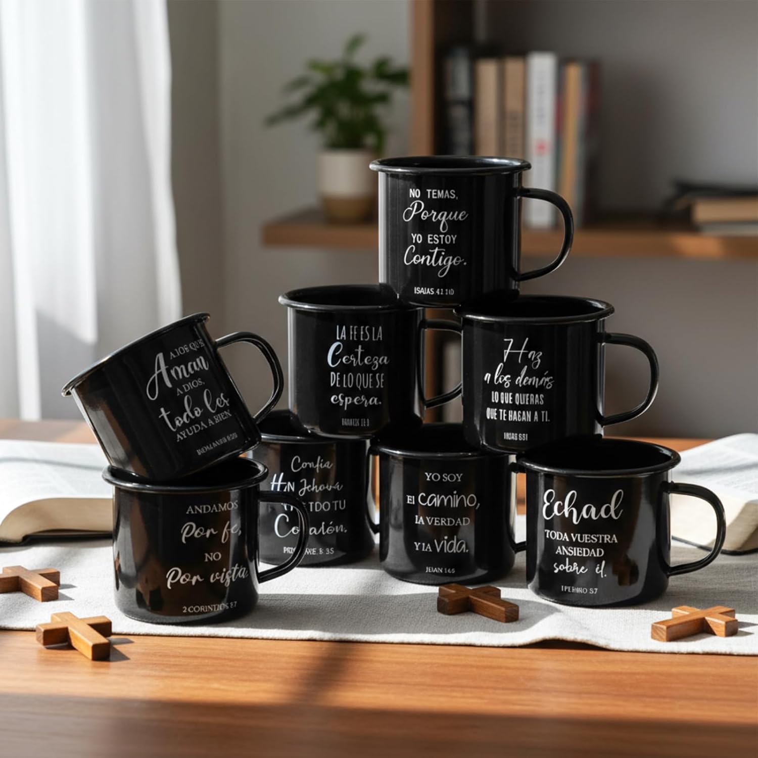 8 Pcs Christian Enamel Mugs 16oz Spanish Religious Inspirational Christmas Coffee Mugs with Bible Verse Christian Drinking Cups with Scripture Xmas Gifts for Men Women Church(Black) - Image 3