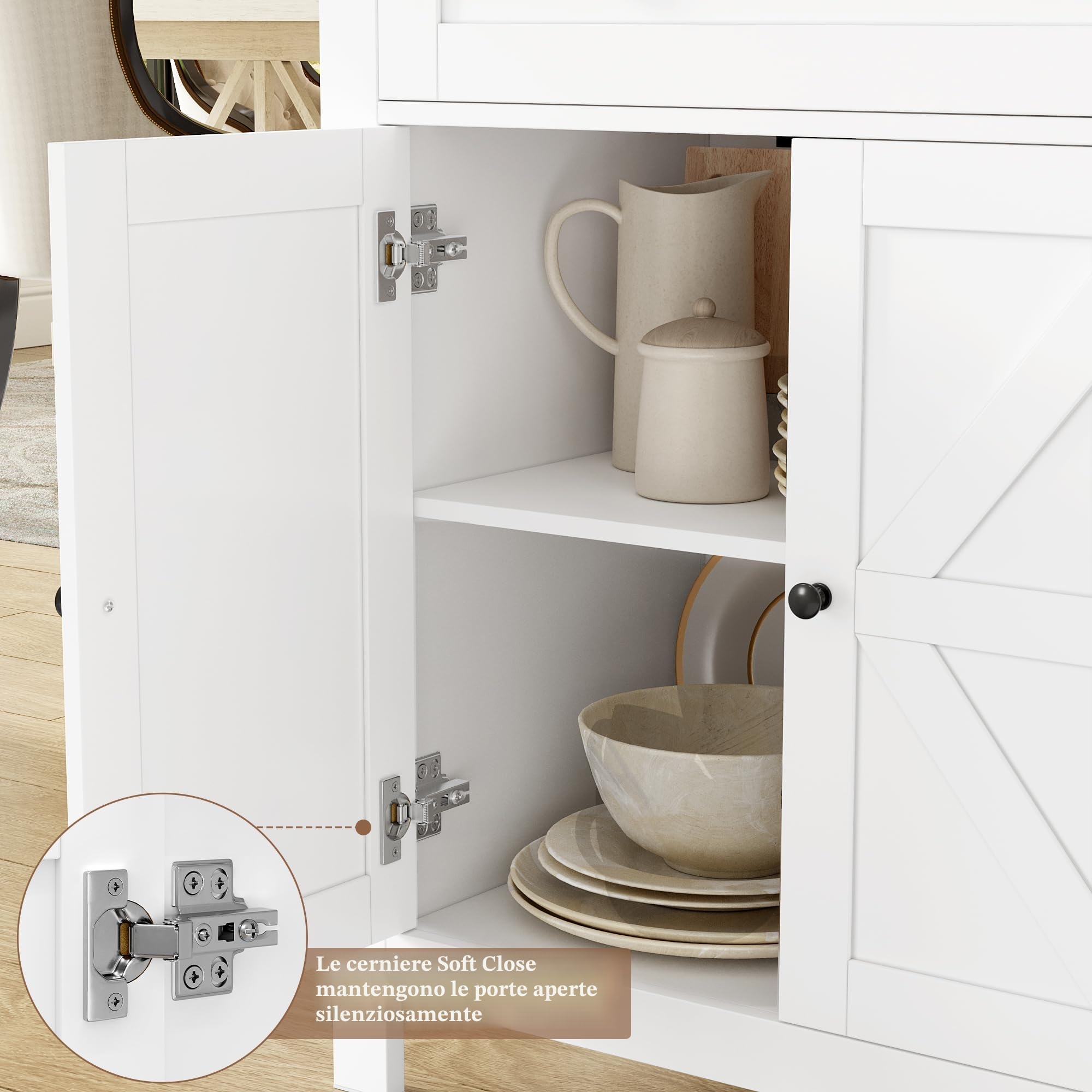 HOCSOK 140 cm Credenza Cucina, Madia Soggiorno Moderna con Ripiani Regolabili, Buffet Mobile con 2 Cassetti 4 Ante, per Soggiorno, Cucina, Ingresso, Multiuso, Bianco