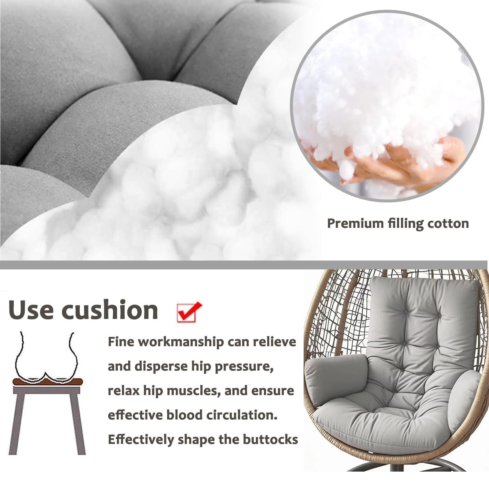Cojín para silla en forma de huevo, cojines para silla colgante, reemplazo de cojín para hamaca gruesa impermeable, cojines de asiento para columpio de jardín interior/exterior para columpio colgante