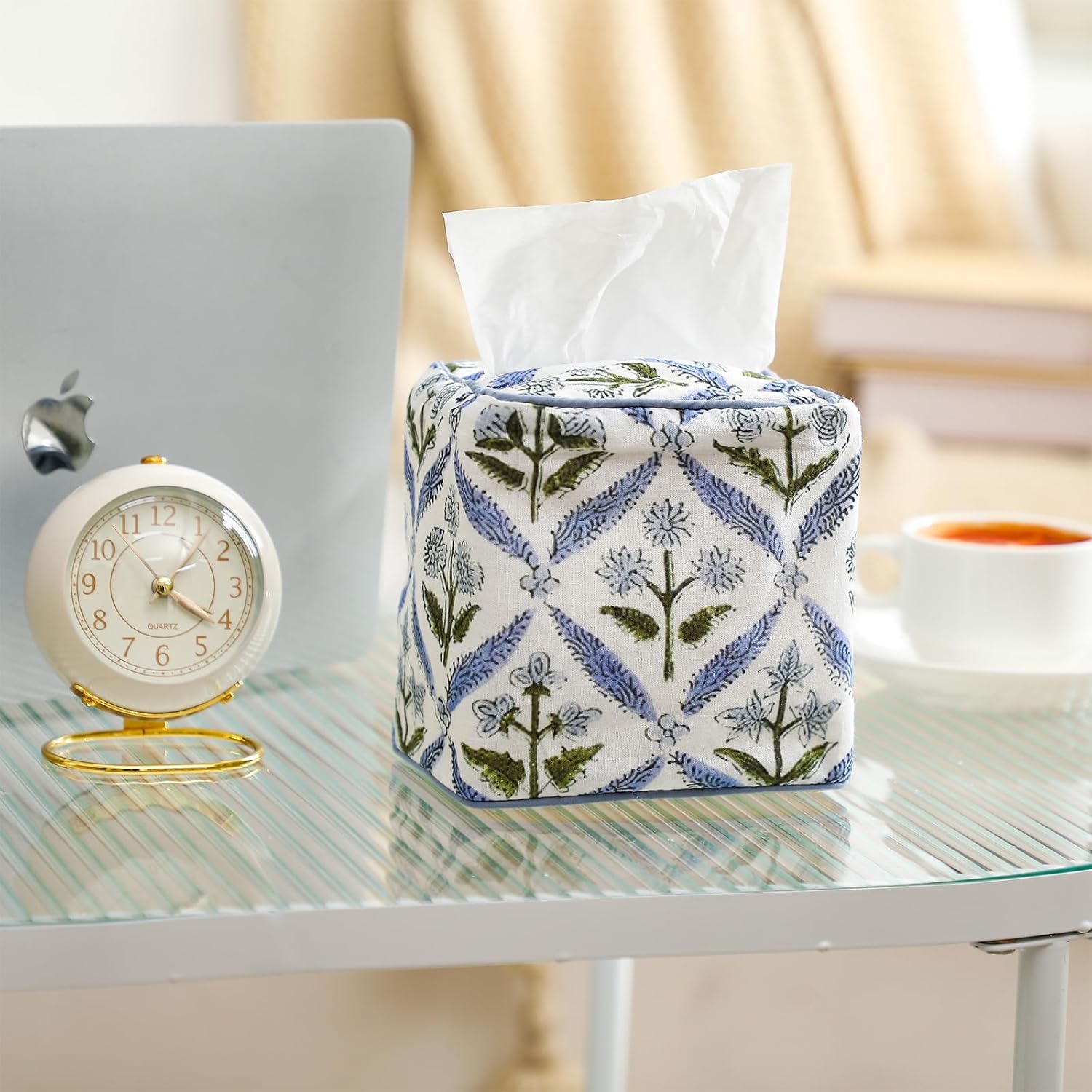 Mimorou Blue Fabric Tissue Box Cover - Floral Print Tissue Box & Decorative Square Napkin Holder Handmade Cotton for Home Bedroom Vanity Countertop Night Stands Office - Image 4