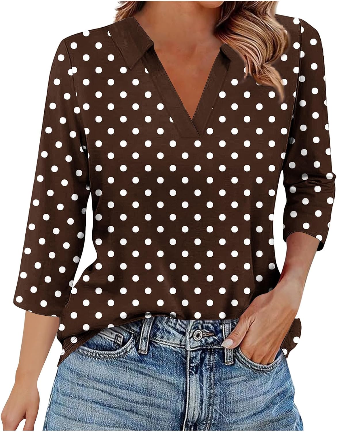 Womens 3/4 Length Sleeve Tops Polka Dots Elegant Shirt Cute Casual Collared V Neck Tunics Work Business Blouse