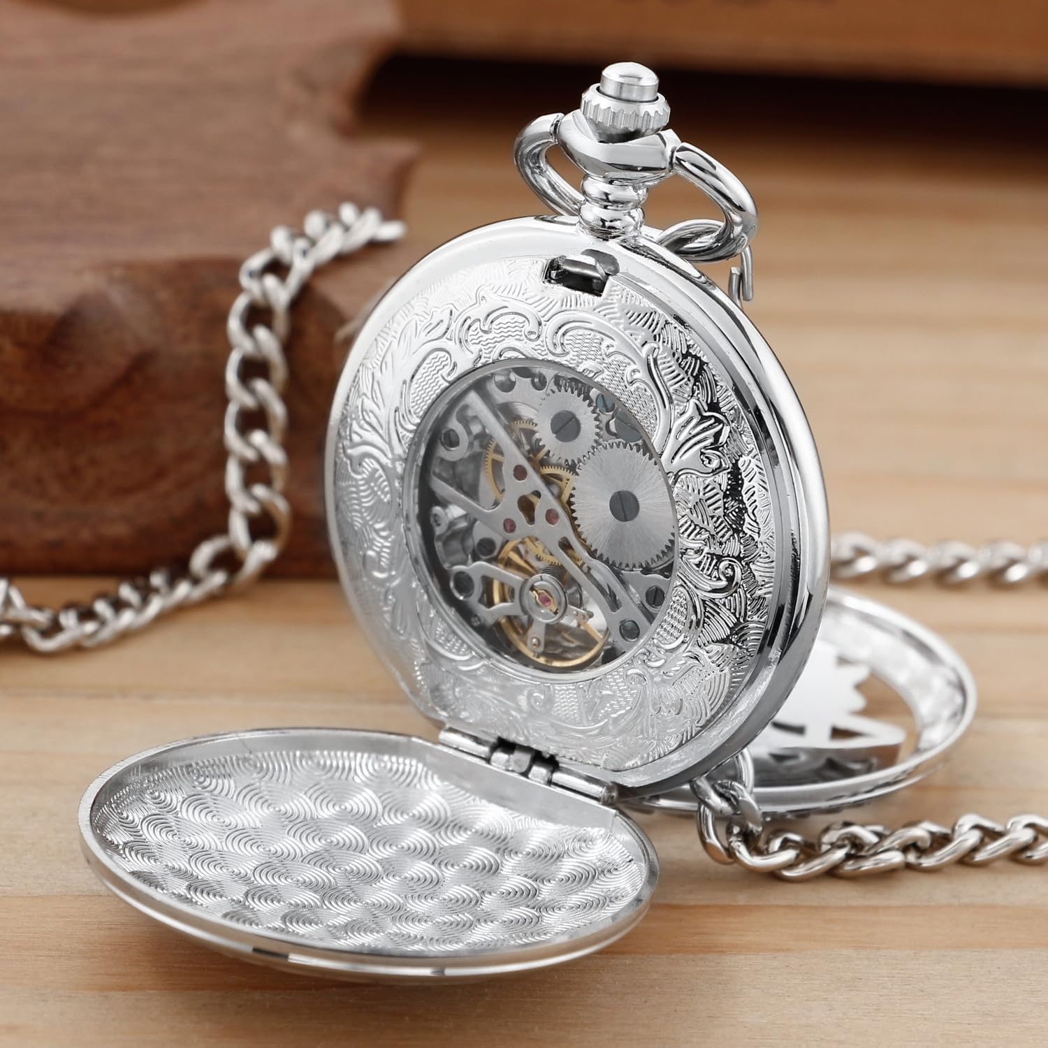 Tiong Black Hollow Double Deer Design Pattern Design Mechanical Pocket Watch, Men's Mechanical Movement Roman Numeral Dial Double Opening Pocket Watch